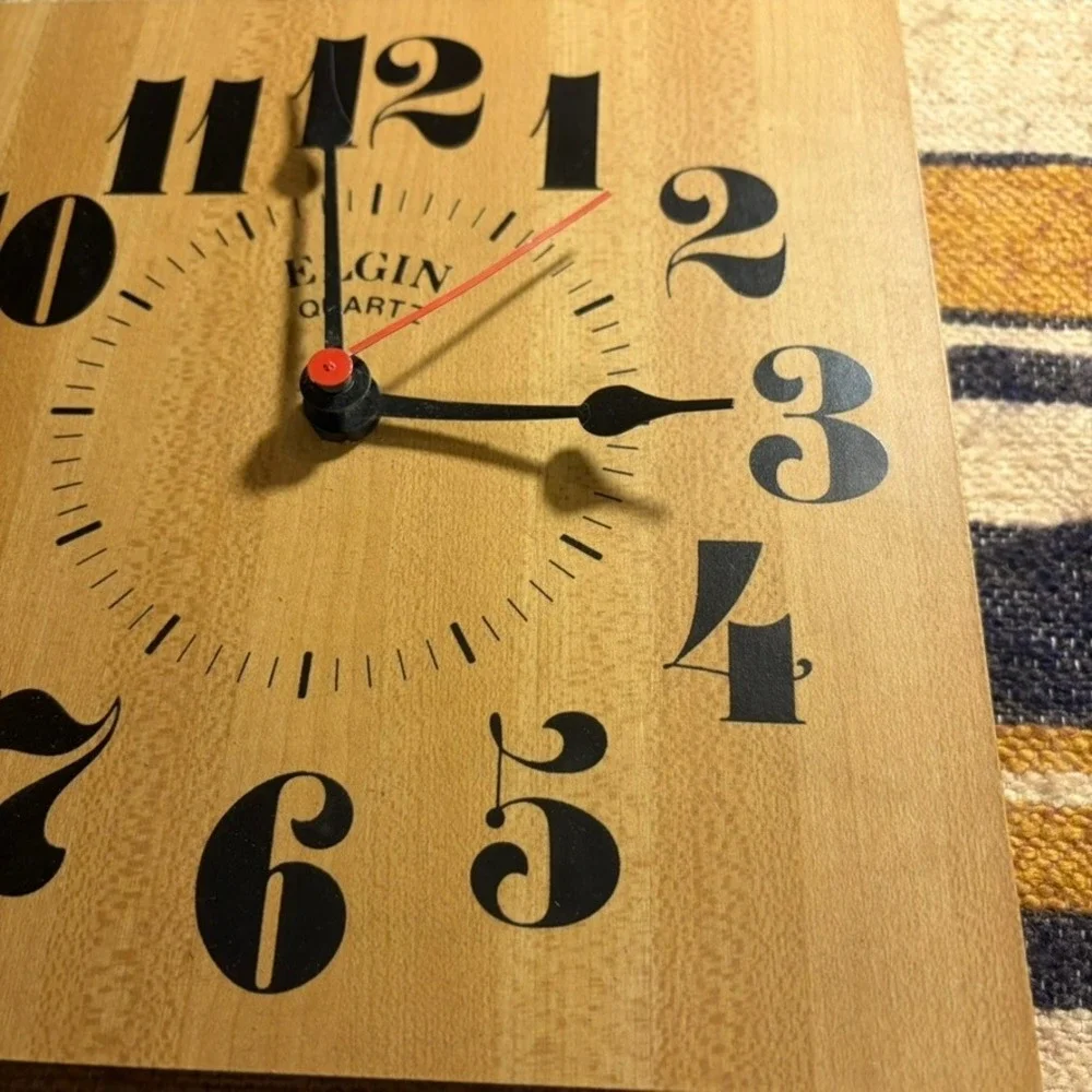 Elgin Quartz Wall Clock 8in Wood Square Vintage MCM Style Analog Home Decor